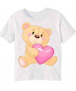White Teddy hug pink heart Kid's Printed T Shirt