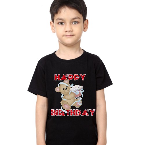 Black Teddy With Happy birthday quote Kid's Printed T Shirt