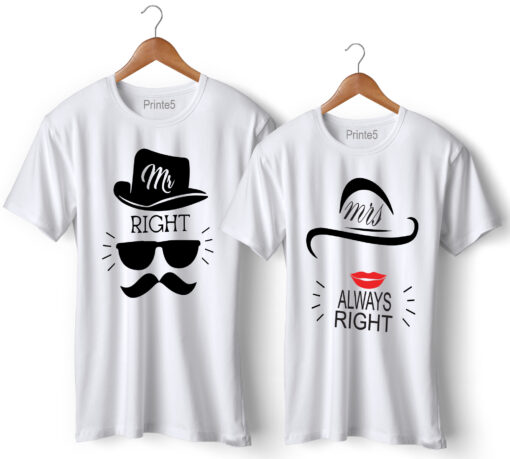 Mr Right Mrs Always Right Printed Couple T-Shirt