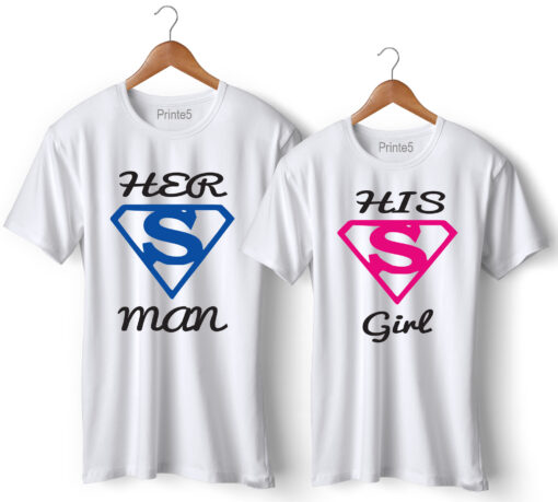 Her Super Man His Super Girl Printed Couple T-Shirt