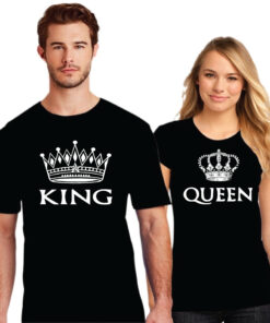 King Queen Printed Couple Black T-Shirt