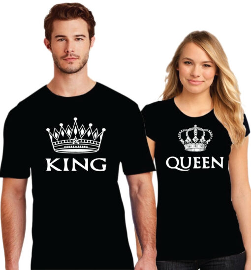 King Queen Printed Couple Black T-Shirt