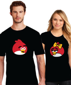 Angry Bird Printed Couple Black T-Shirt