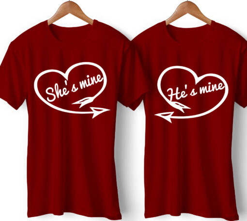 He is Mine She is Mine Printed Couple Red T-Shirt